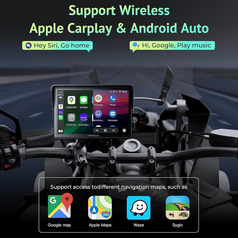 aphqua 5 Inch Motorcycle CarPlay & Android Auto Display – IP67 Waterproof Touchscreen, Dual Bluetooth, TF Card, GPS Navigation, Voice Control, Universal Mount – 522 - Image 2